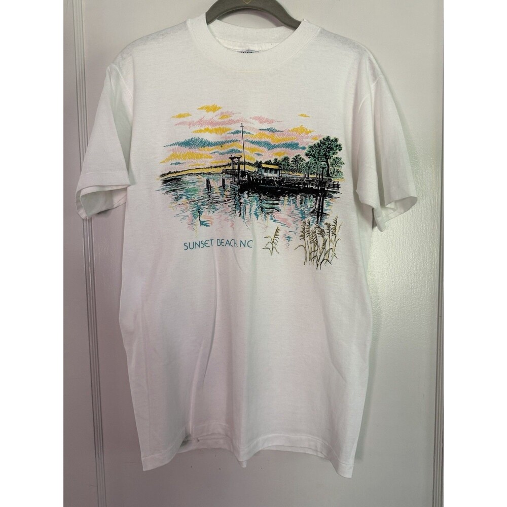 Vintage Sunset Beach NC Bridge T Shirt Hanes USA Single Stitch Medium 80s